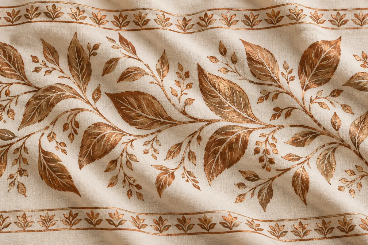 برگ و پیچک با خطوط مسی روی پارچه؛ الهام طراحی برای رنگ پارچه مسی ماری‌ورک 119